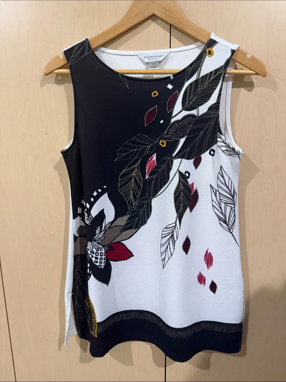 Christopher & Banks Black White Floral Leaf Tank with Red Accents